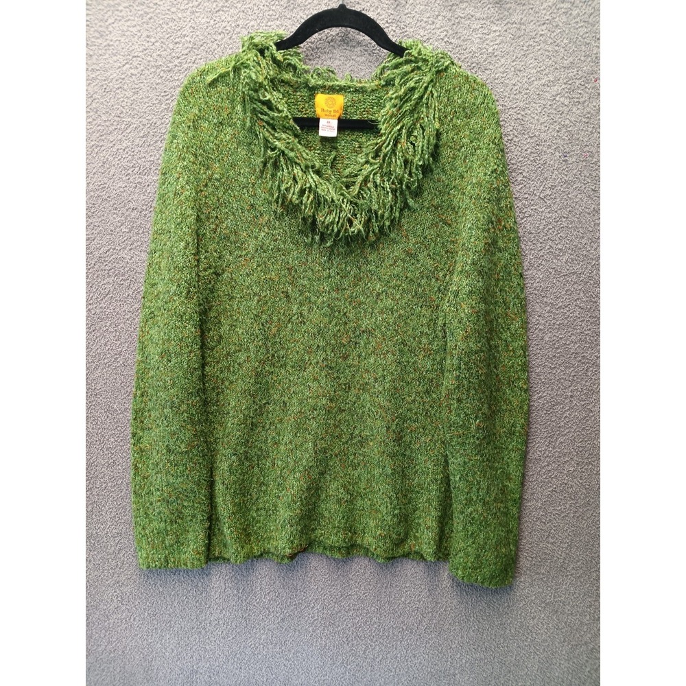 Boho Hooded Green Sweater Women 2X Ruby Rd Textured Knit Hippie Fringe Neck